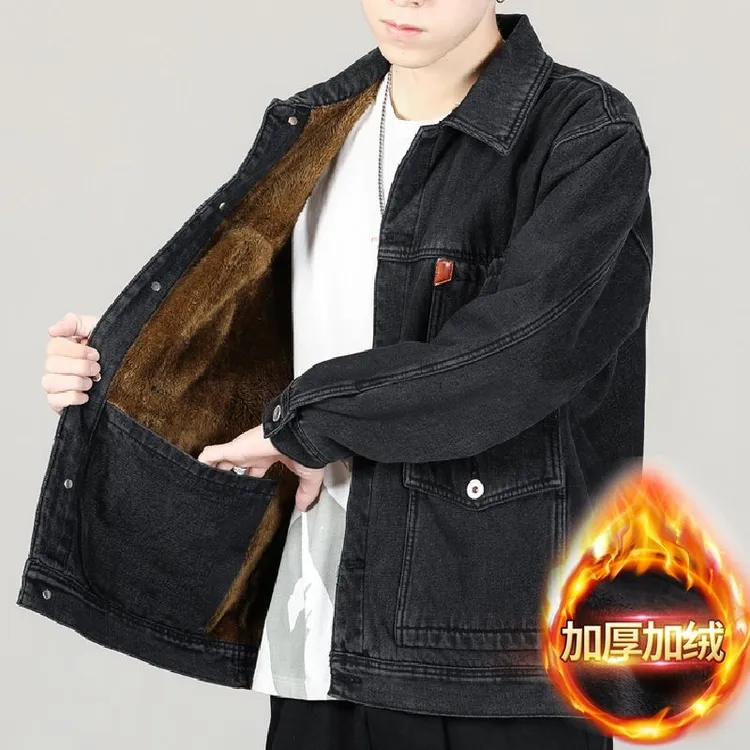 冬季加绒加厚牛仔外套男宽松大码弹力日系复古男士夹克牛仔棉衣服
