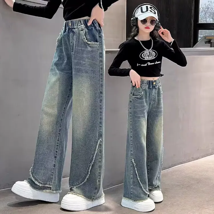 女童牛仔裤春秋款2025新款裤子中大童春装直筒裤儿童初中生阔腿裤
