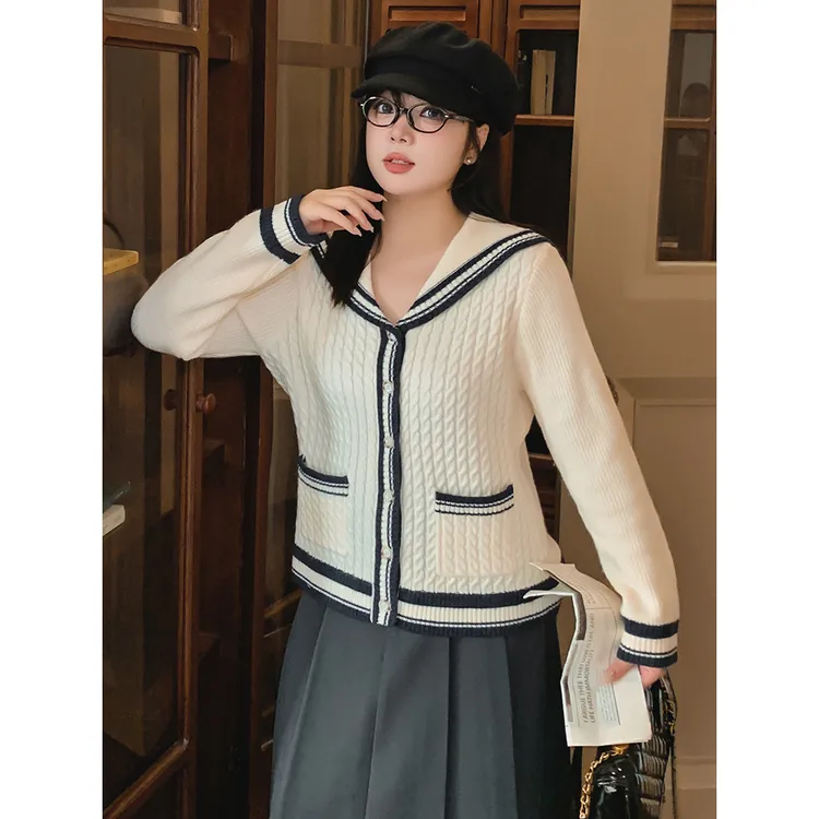 学院小香风白色针织开衫女2024年秋装新款学生复古海军领短款毛衣