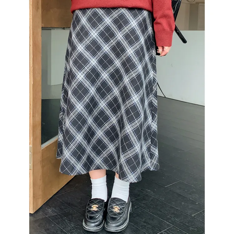 梨形身材毛呢格子半身裙女高腰秋冬大码胖mm遮肚显瘦中长款a字裙
