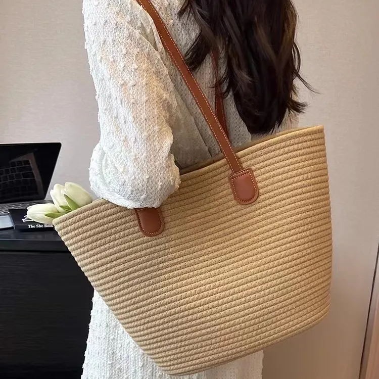 简约大容量棉线编织包新款菜篮子单肩包文艺通勤托特包小清新女包