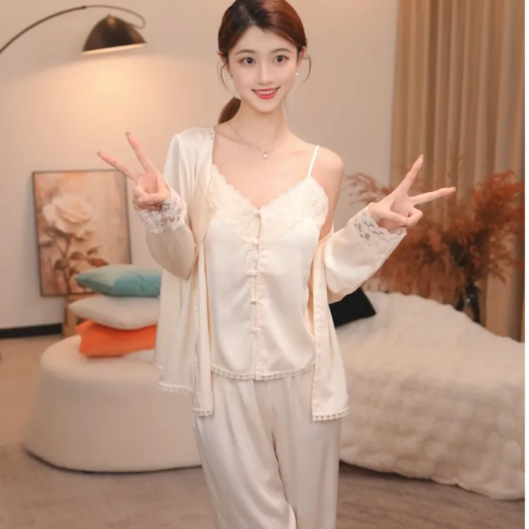 板栗小姐【卿纱四件套】新品春秋女士长袖吊带宽松套装蕾丝家居服