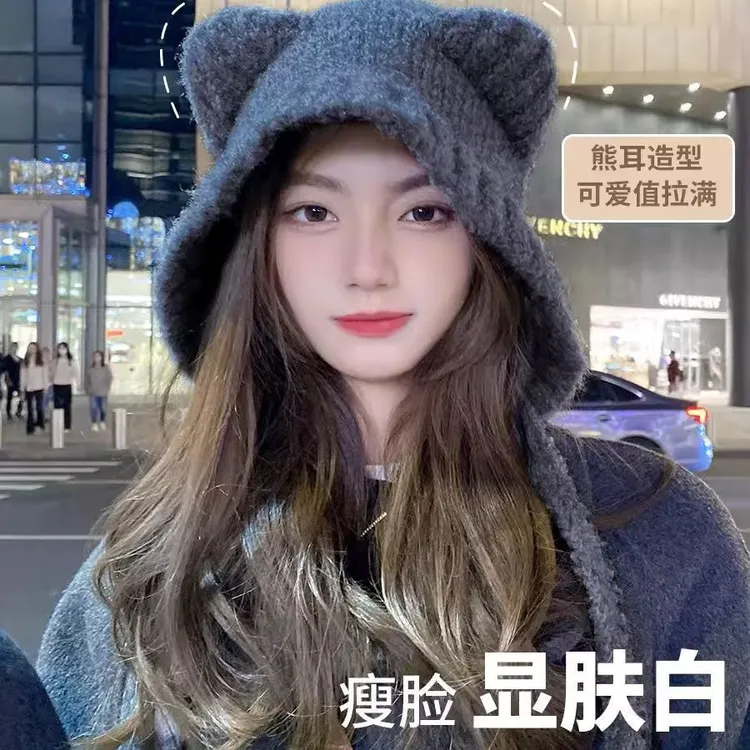 秋冬小熊毛线帽女大头围韩版护耳帽系带包头帽骑车保暖针织帽子