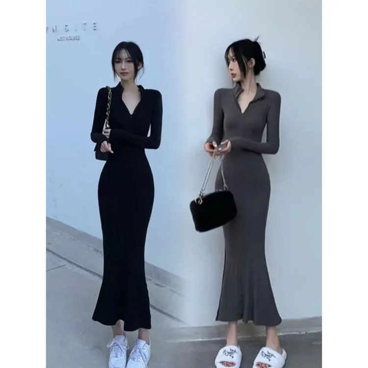 黑裙秋季赫本风气质长袖法式复古风包臀鱼尾领小清新连衣裙子