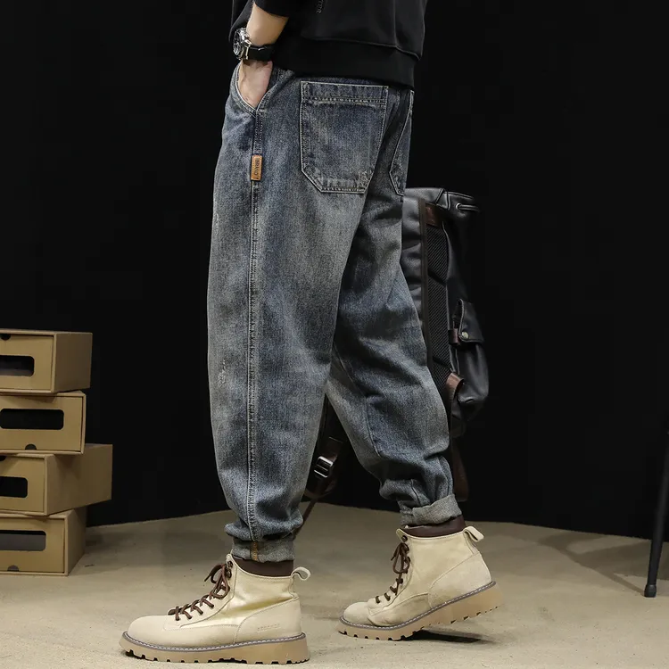 复古牛仔裤男士春季日系潮牌长裤户外宽松直筒休闲大码哈伦男裤子