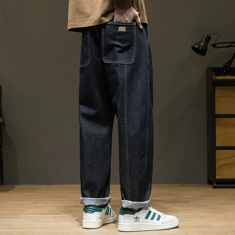 日系复古320g重磅牛仔裤男款春季百搭宽松大码胖子黑色直筒长裤子