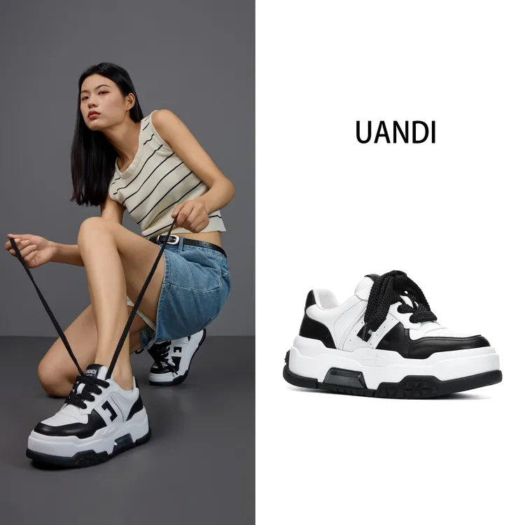 uandi原创25年秋冬四季款纯皮运动鞋百搭厚底增高小白鞋滑板女鞋