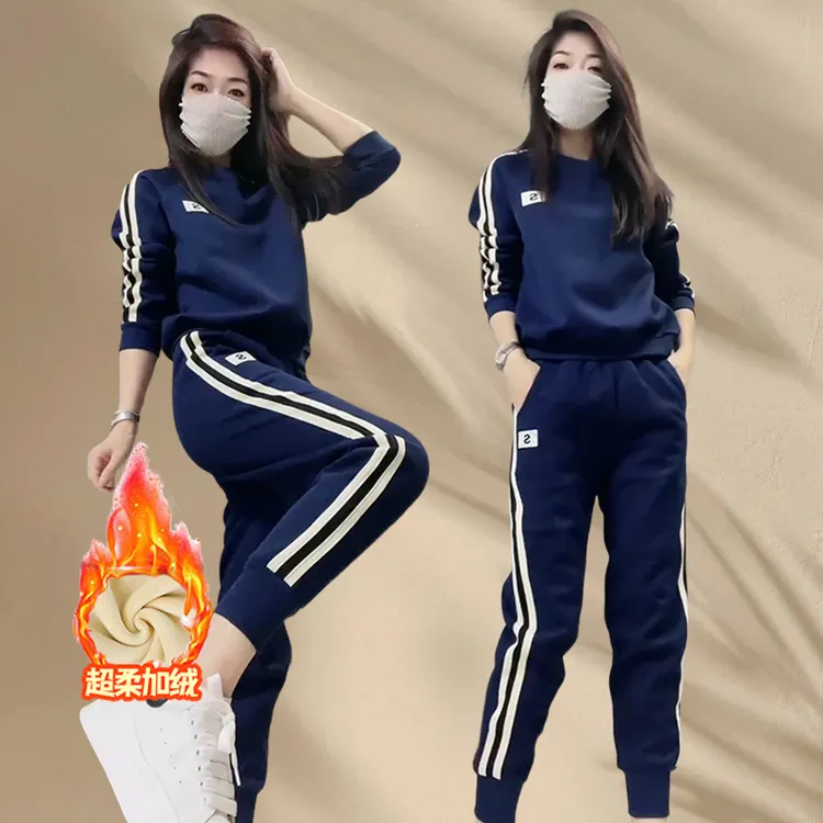 【棉】加绒加厚两件套女华棉运动套装侧条纹卫衣卫裤休闲秋冬新款