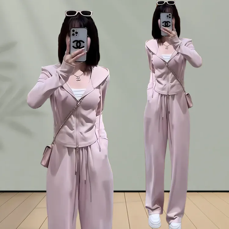 2025秋季新款时尚两件套女洋气百搭休闲开衫连帽卫衣运动套装显瘦