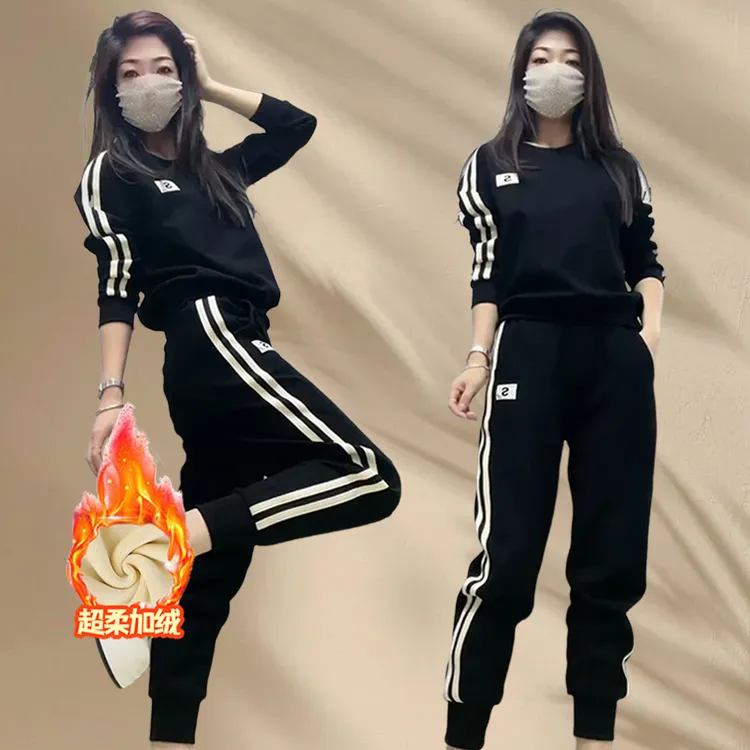 【棉】加绒加厚华棉运动休闲套装女秋冬新款侧条纹卫衣卫裤两件套
