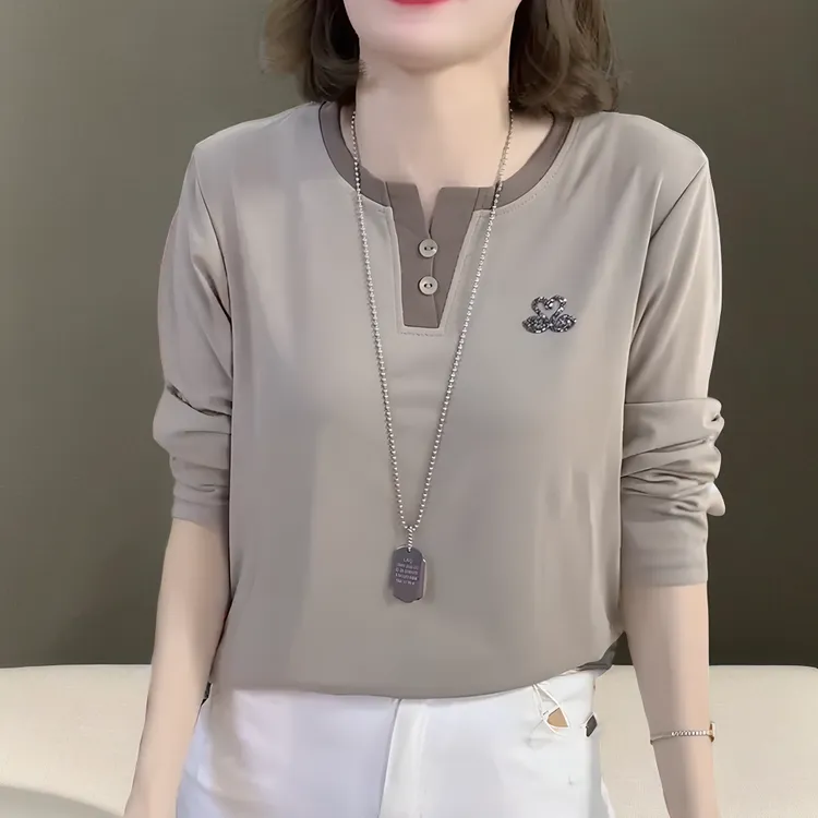 德绒V领小天鹅烫钻撞色打底衫女内搭长袖上衣2025秋冬休闲气质