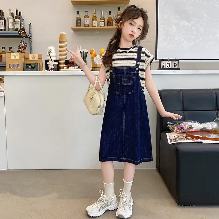 女童夏装牛仔背带裙套装2025新款洋气中大儿童女孩时尚休闲两件套