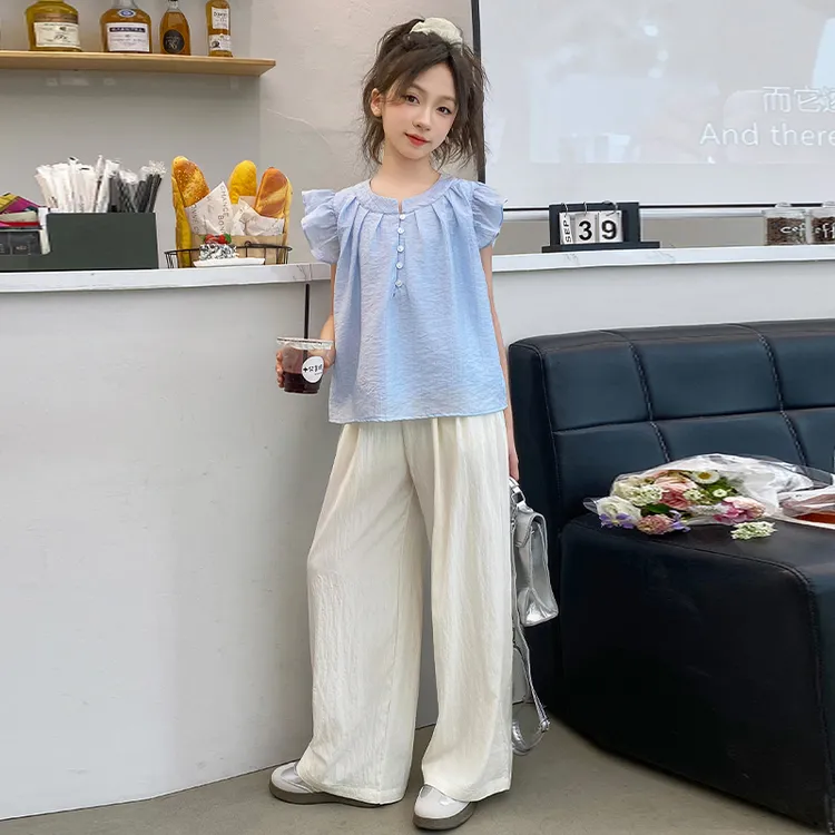 女童夏装小飞袖套装2024新款洋气中大儿童女孩阔腿裤两件套时尚潮