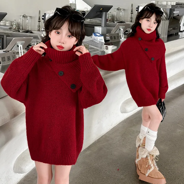 女童新年红色毛衣加厚秋冬装2025新款洋气中大儿童线衣针织打底衫