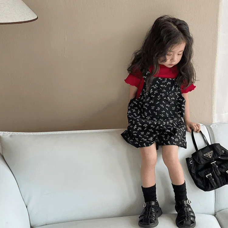 女童樱桃背带裤+红T恤两件套儿童洋气网红套装女宝夏季新款童装潮