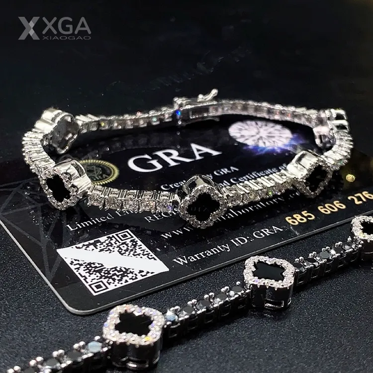 铜合金合成锆石手链 黑色十字花四叶草网球链百搭轻奢时尚简约潮