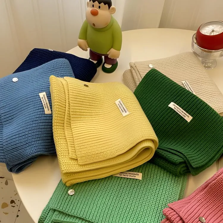 新款爆款贝壳扣装饰针织毛线围巾纯色百搭围脖秋冬季加厚保暖围巾