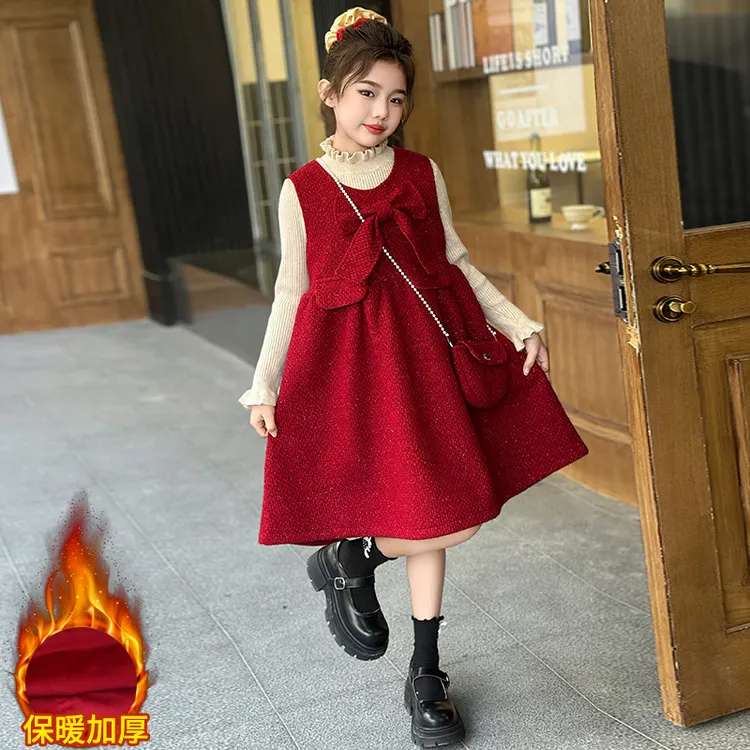 女童加绒连衣裙冬季洋气毛呢背心裙中大童公主裙红色拜年服两件套