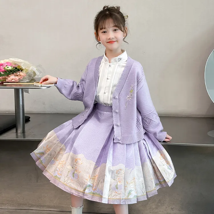 女童汉服马面裙套装2025春秋新款国风改良唐装春装女孩中式三件套
