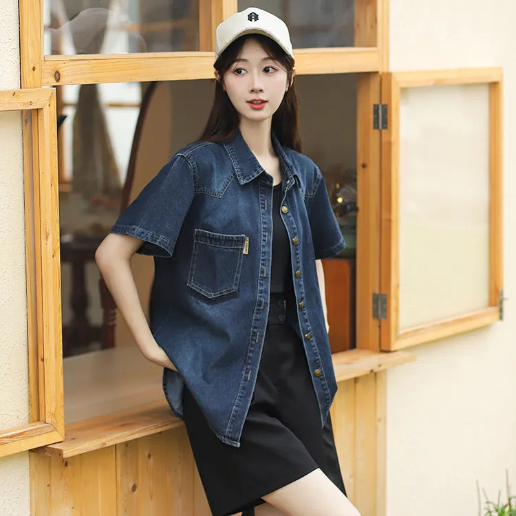 宽松设计感牛仔衬衣女2024年夏季时尚复古百搭洋气短袖不规则上衣
