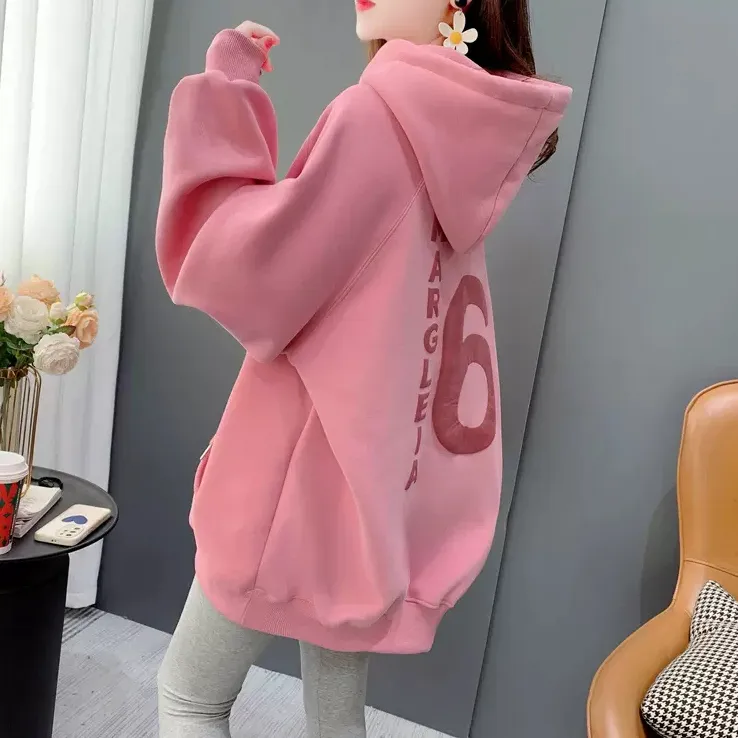 oversize秋冬新款加绒加厚连帽卫衣女宽松中长款休闲百搭洋气上衣