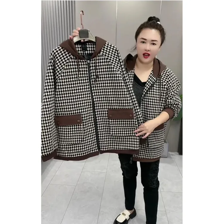 倾城3302休闲大码显瘦百搭格子提花双兜外套