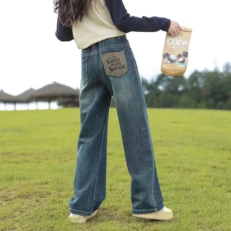 女童裤子秋季窄版直筒裤儿童女大童2025春季新款外穿阔腿牛仔长裤