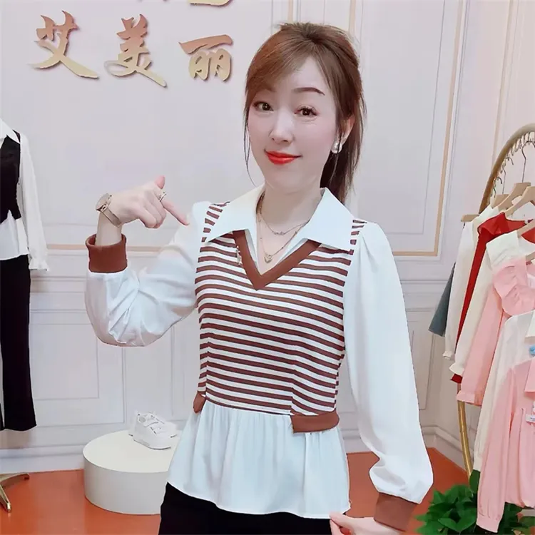 条纹假两件衬衫女士长袖新款2025年春秋时尚遮肚减龄气质百搭上衣