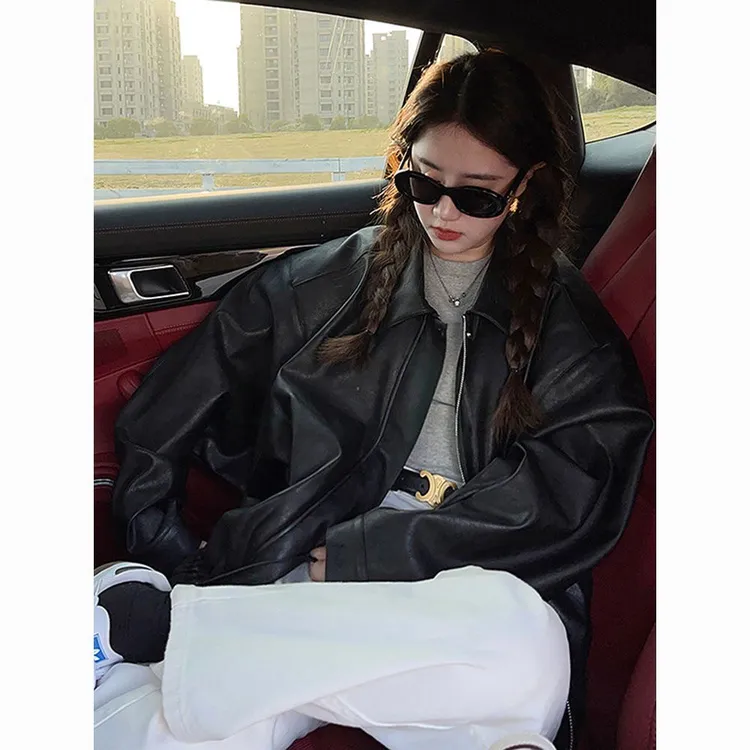 01长款皮夹克外套外套皮衣韩版秋冬2025黑色休闲新款皮衣外套女