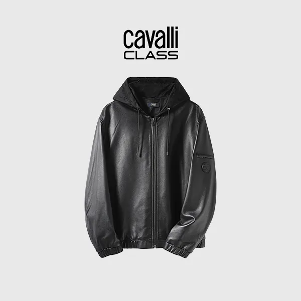 Cavalli Class连帽皮衣秋款假两件夹克外套时尚休闲皮衣男CFC201
