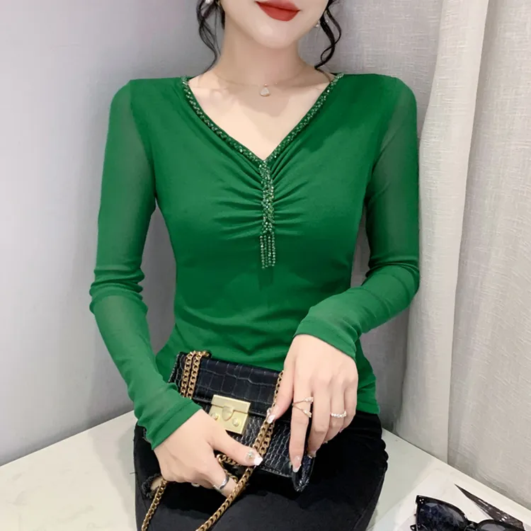 时尚性感V领长袖t恤女2025新款手工钉珠网纱内搭打底衫洋气妈妈装