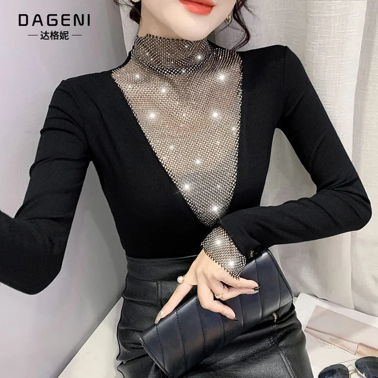 常规/加绒 半高领烫钻镂空打底衫女秋冬新款洋气t恤内搭气质上衣