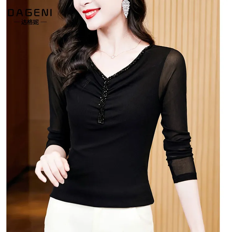 V领网纱长袖T恤女2025春秋新款时尚打底衫内搭外穿蕾丝上衣小衫女