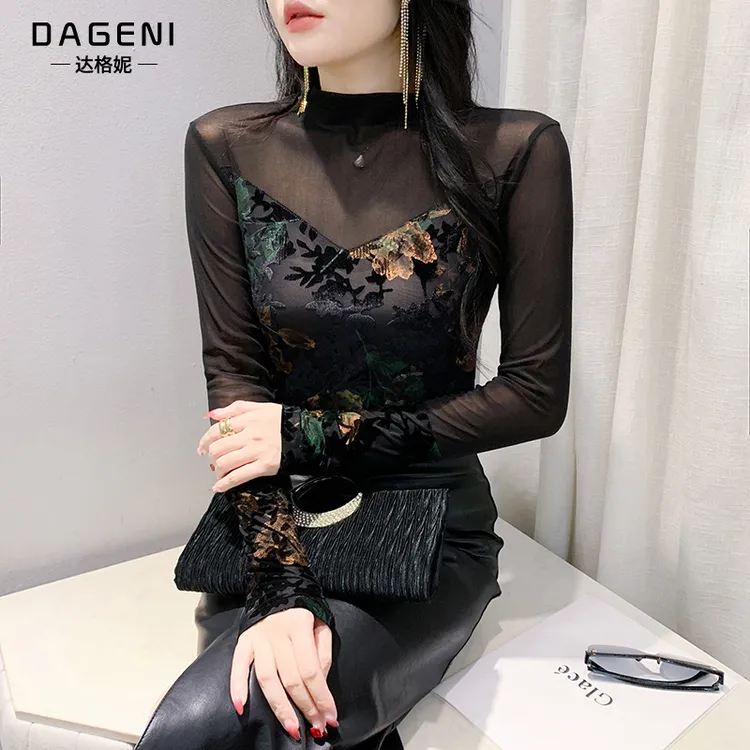 半高领网纱拼接高档打底衫女新款春秋装时尚复古外穿小衫t恤上衣