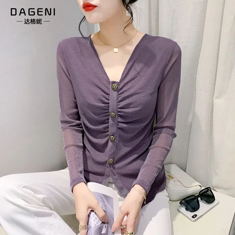 时尚网纱长袖t恤女秋装2025新款设计感褶皱收腰上衣气质内搭小衫