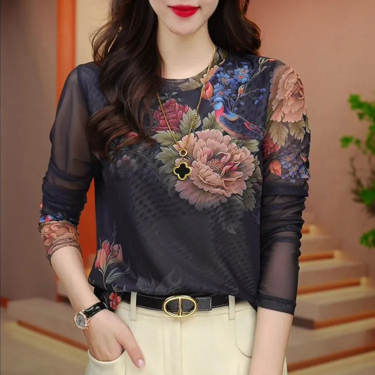 春秋新款肌肤网纱印花打底衫内搭外穿遮肚子显瘦上衣时髦洋气小衫