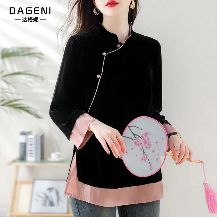 国风复古假两件衬衫丝绒拼接上衣女秋季大码宽松长袖内搭外穿小衫