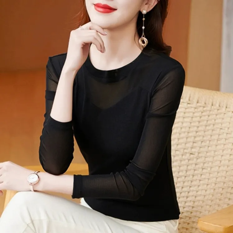 黑色网纱打底衫内搭外穿洋气小衫2025春秋新款长袖t恤时尚妈妈装