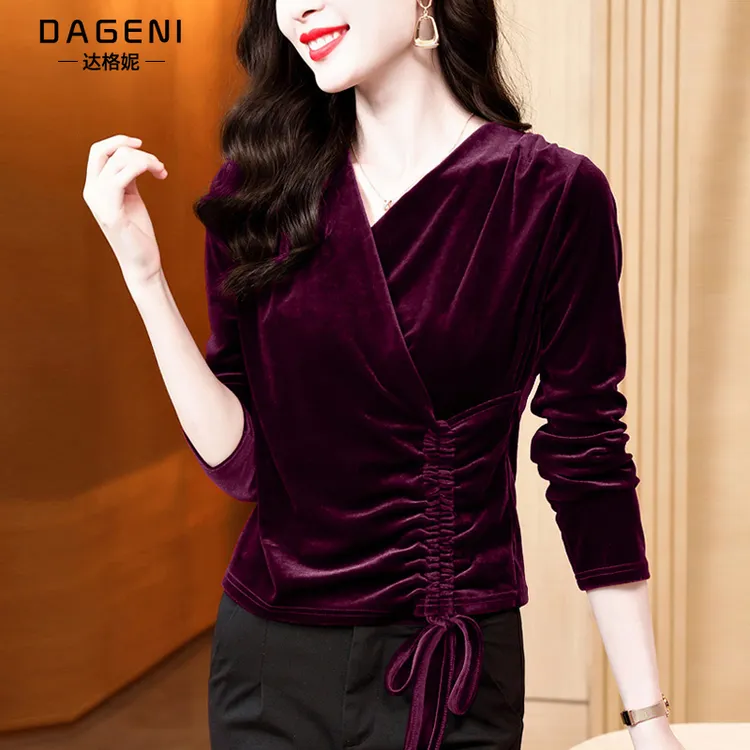 交叉V领丝绒t恤2024秋季新款高贵洋气抽绳小衫黑色内搭打底衫上衣