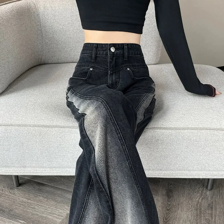 渐变撞色阔腿牛仔裤女2025年新款黑灰色加绒高腰直筒拖地裤秋冬季
