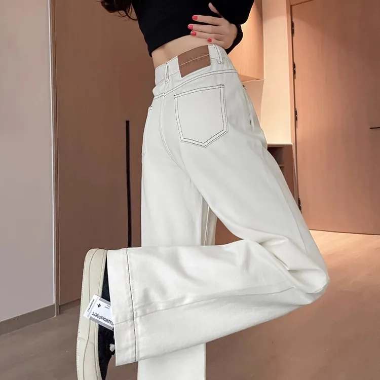 米白色直筒牛仔裤女春秋2025年新款显瘦垂感休闲拖地窄版阔腿裤子