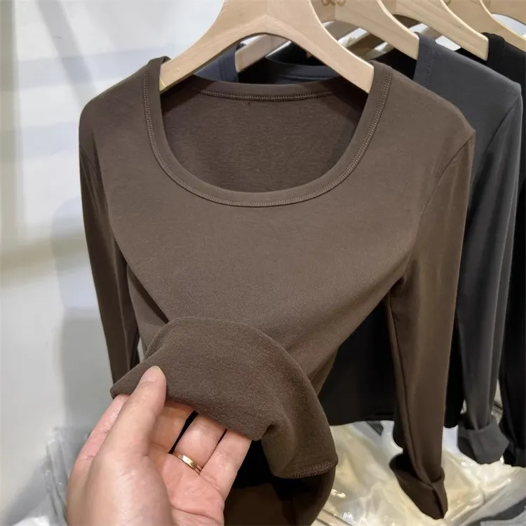 u领加绒打底衫女2025秋冬季内搭别致高级感锁骨上衣磨毛长袖t恤女