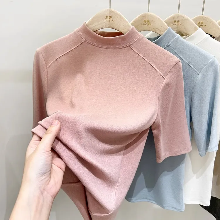 半高领短袖t恤女春秋2025新款中袖五分袖粉色修身上衣女打底衫潮