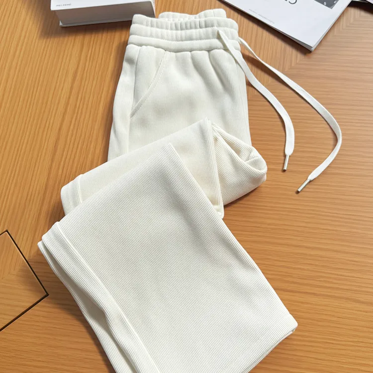 米白色窄版阔腿裤女秋冬加绒新款小个子高腰直筒欧棉绒梧桐裤子