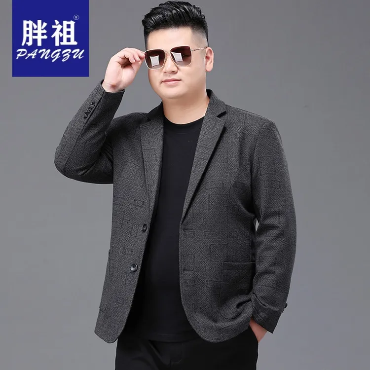 大码秋季男士西服加肥外套商务休闲高档抗皱易打理提花弹力西装