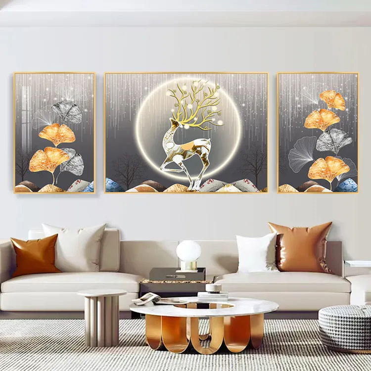 【金杏福禄】现代简约客厅装饰画三联画S沙发背景画晶瓷镶钻工艺