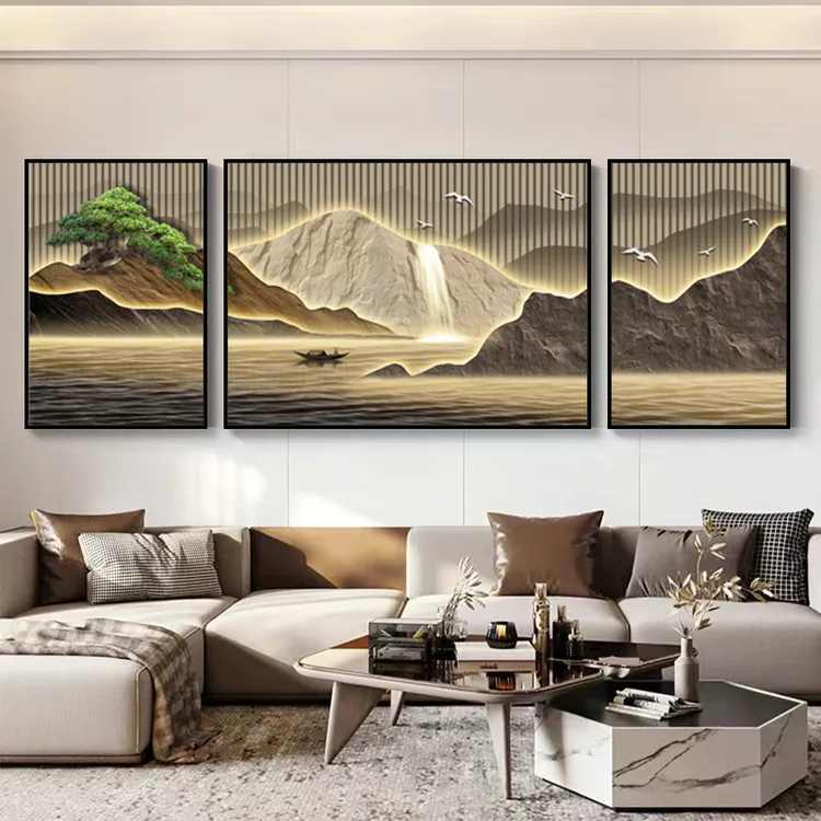 【轻奢山水】现代轻奢 客厅装饰画 三联画K17沙发背景画晶瓷镶钻
