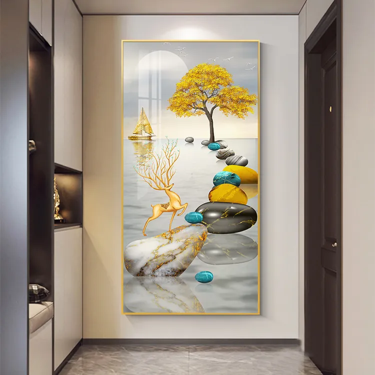 【金鹿高升】入户玄关装饰画R晶瓷镶钻新房家居装修走廊过道-带灯