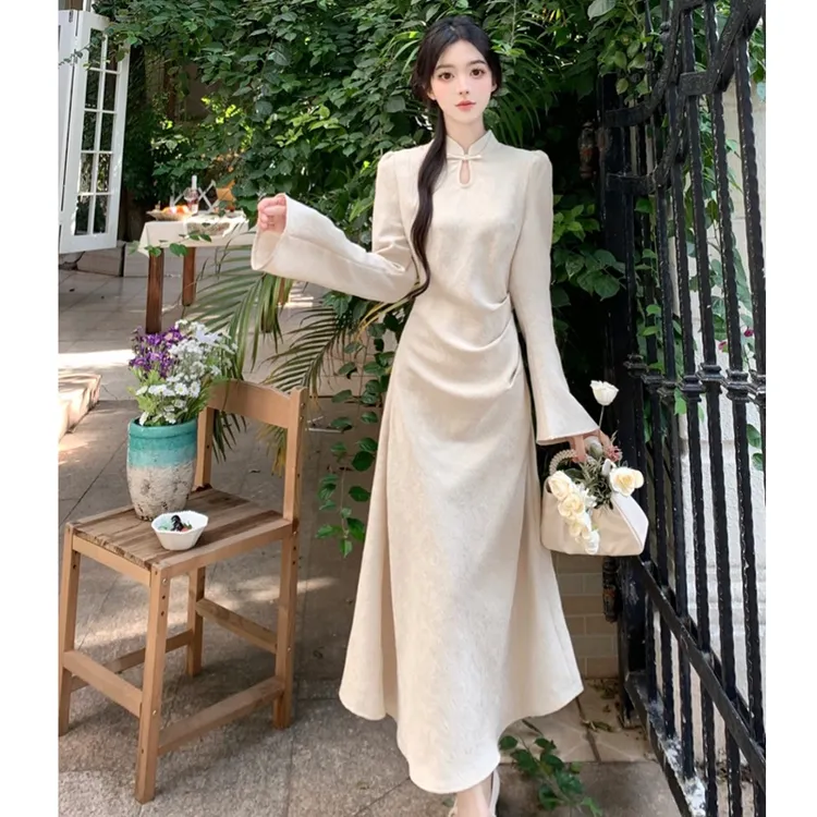 2024秋季大码女装新款法式高级感旗袍提花收腰垂坠感女装连衣裙