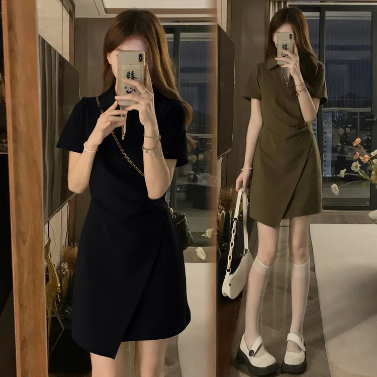 2024夏季大码女装法式polo领气质连衣裙胖MM不规则设计感茶歇裙